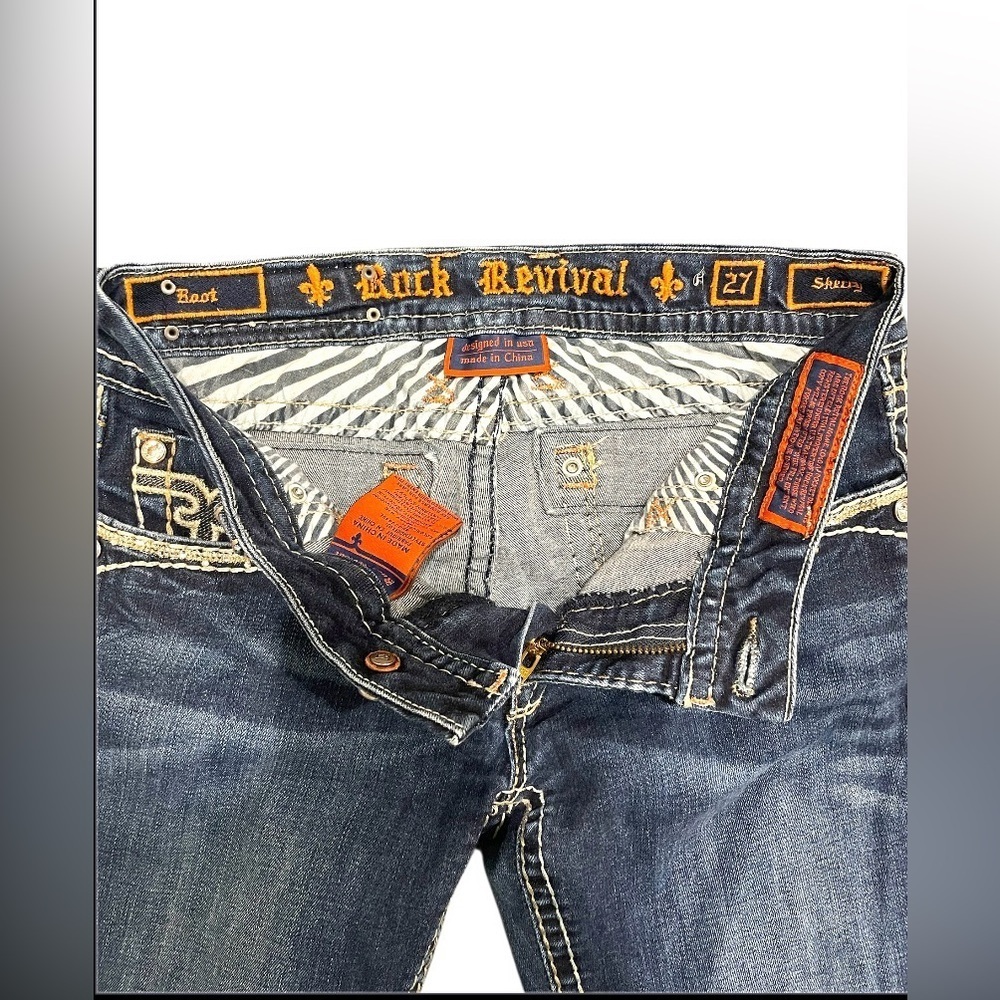 ROCK REVIVAL SHERRY BOOT Crystal Rhinestone Pocket Dark Blue Jeans EUC Size 27 - Picture 7 of 12